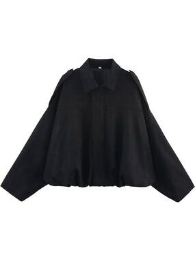 Women's Black Faux Suede Oversized Bomber Jacket ZIP Up Long Sleeve Coat